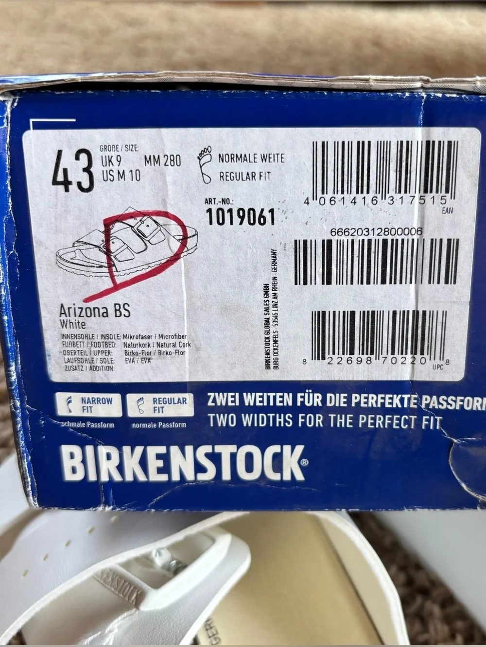 Birkenstock Men’s Sz 10 EU 43 White Leather Arizona BS Sandals Regular Fit